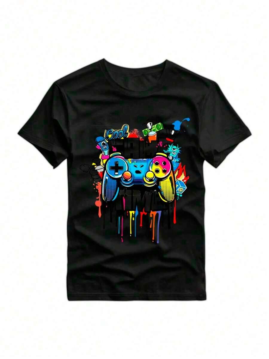 Men's Spring And Summer Anime Print T-Shirt, Fashion Casual Style Short-Sleeved, Leisure Sports Novelty Top - 黑色 - 查看 1