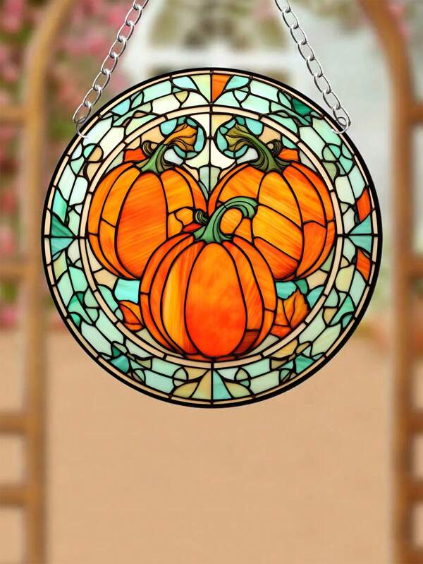 1pc 5.9in Fall Pumpkin Print Acrylic Round Window Decoration Wall Hanging, Suitable For Autumn Home Door & Window, Wall And Thanksgiving Party Decoration