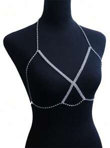 Women's Classic Bra Chain, Rhinestone Encrusted Body Jewelry, Sexy Party Accessory - Silver - View 4