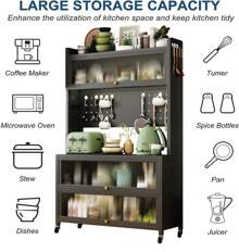 Kitchen Cabinet, Coffee Bar Station, Buffet Cabinet, Pantry Cabinet With Microwave Shelf 5 Tier Metal Sideboard Baker's Rack Coffee Bar Hutch Buffet Laundry Storage, With Wheels & Hooks - 黑色 - 查看 1