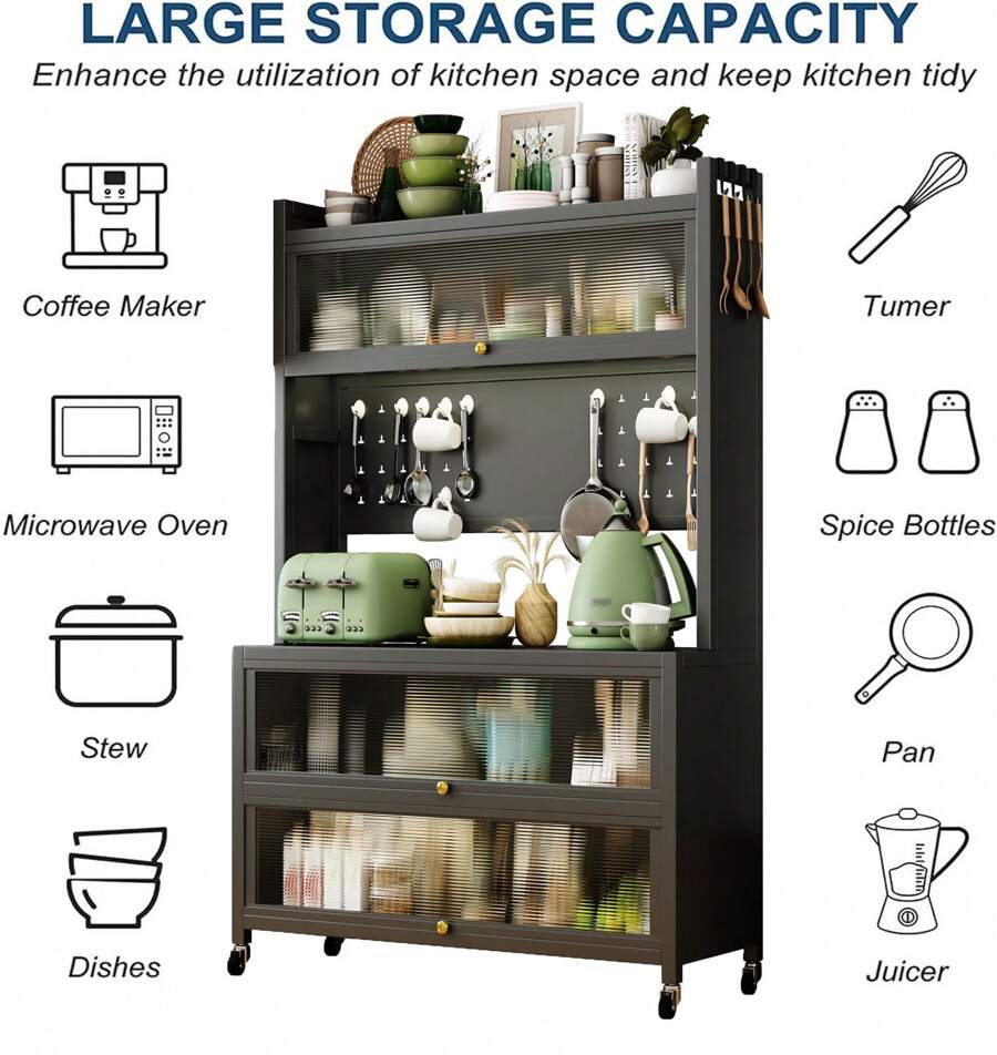 Kitchen Cabinet, Coffee Bar Station, Buffet Cabinet, Pantry Cabinet With Microwave Shelf 5 Tier Metal Sideboard Baker's Rack Coffee Bar Hutch Buffet Laundry Storage, With Wheels & Hooks - màu đen - Xem 1