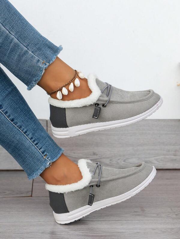 Plus Size Women's Casual Solid Color Square Toe Warm Plush Lined Winter Shoes, Winter