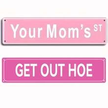 1 pieza Señal de metal rosa - Señal de calle "Tu mamá" Decoración de habitación estética y divertida, colección de letreros para decoración de dormitorio adolescente, mejor decoración de habitación estética