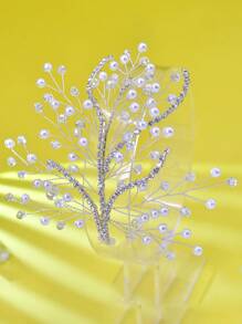 1pc Handmade Sparkling Diamante Chain Bridal Hair Accessories, Suitable For Wedding, Party, Photography - Silver - View 5
