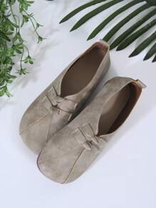 Flat Soft-Sole Retro Round Toe Slip-On Ballet Flats, Casual Large Size Shoes For Mothers, Autumn