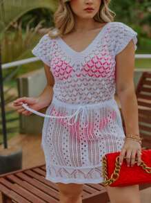 Women's Short Knit Beach Cover-Up With High-Waisted Slit Summer Knit Beachwear - trắng - Xem 1