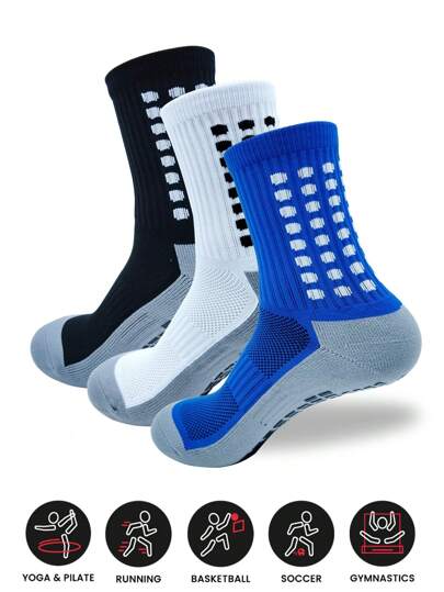 3 paia di calze da calcio/calcio a metà polpaccio con base grigia, a pois, antiscivolo, traspiranti, assorbenti per l'umidità, adatte per trampolino, corsa, trekking, fitness, baseball, basket, tennis