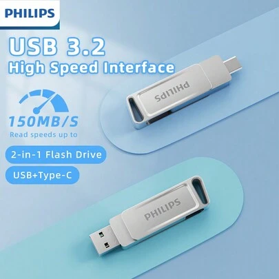 PHILIPS Type-C USB 闪存盘，USB-A 和 USB-C 3.2 Gen 1 双驱动器 OTG 150MB/S 读取，拇指驱动器旋转设计跳转驱动器，适用于 USB 3.0，记忆棒适用于 Android 智能手机、笔记本电脑、PC