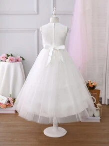 Girls Handcraft Ruched Sleeveless Mesh Elegant Recital Dress - White - View 4