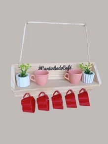 Wooden Cup Holder With Rope Handle And Coffee Corner Applique - 米色 - 查看 2
