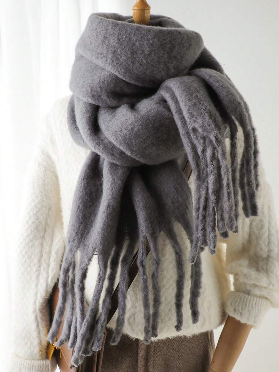1pc Women's Winter Scarf, Black Horsehair, Cashmere-Like Texture, Thick & Warm, Women's Fashion Solid Color Tassel Fleece Scarf, Outdoor Women Shawl Accessory,Beach,Holiday,Accsesories,Travel Essential
