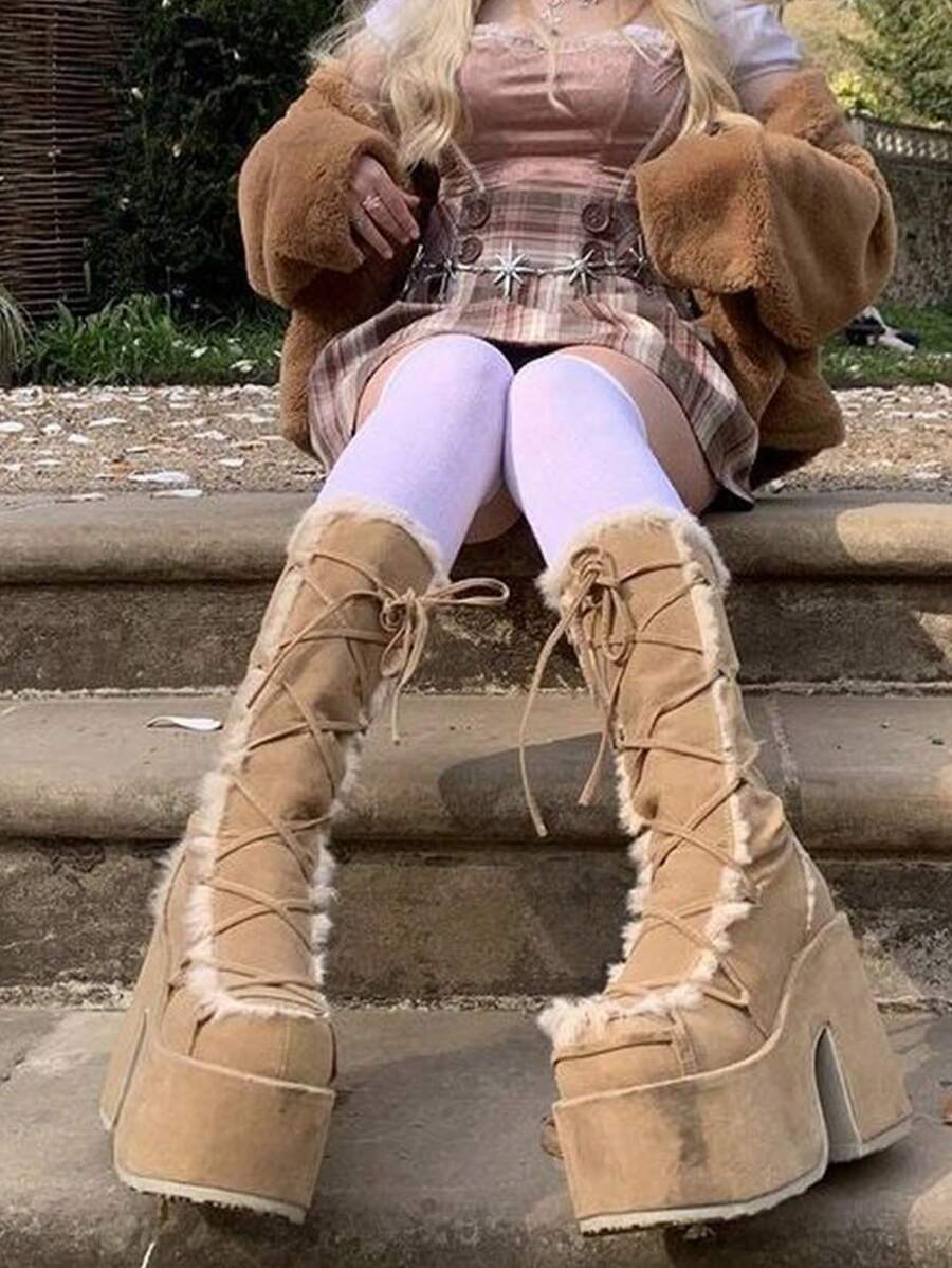 Knee High Boots For Womens Side Zipper Warm Faux Fur Platform Chunky Heel Punk Goth Walking Winter Snow Boots - 卡其色 - 查看 1