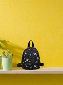 1入迷你童裝可愛卡通太空火箭背包，隨機印花位置設計 - 黑色 - 查看 3