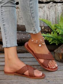 欧美风格女士白色平底凉鞋，简约设计沙滩休闲户外拖鞋，PU 皮革交叉带 - 棕色 - 查看 5