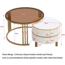 Modern Nesting Coffee Table With 1 High Gloss Top And 1 Side Table With Brown Tempered Glass Top, Living Room Coffee Table Set With 2 Drawers For Living Rooms And Apartments, Package Quantity 2 - White - View 2