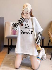 1 件女士条纹休闲长袖仿多层 T 恤 - 白色 - 查看 4