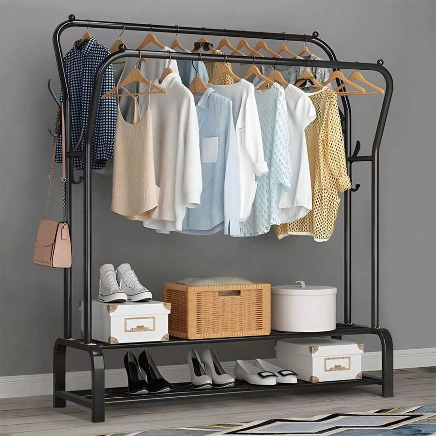 LIVINGANDHOME Living And Home Double-Rod Metal Clothes Rack With Hooks,Freestanding Clothes Rail Rack,Stable Clothes Garment Hanging Rack With Bottom Shelf,Clothes Storage Shelf Rack,Cost Rack,Hanging Rack Closet Organizer Shelf For Bedroom,Bathroom,Dressing Room - Black - View 1