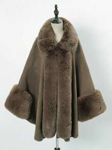 1 件大码女式蓬松领纯色斗篷开衫外套，舒适优雅