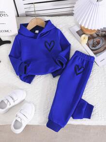 女婴 2 件套心形图案羊毛保暖连帽衫和宽松休闲长裤户外套装