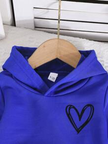 女婴 2 件套心形图案羊毛保暖连帽衫和宽松休闲长裤户外套装