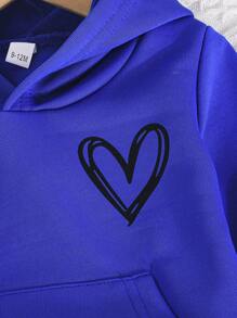 女婴 2 件套心形图案羊毛保暖连帽衫和宽松休闲长裤户外套装