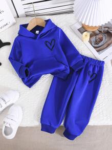 女婴 2 件套心形图案羊毛保暖连帽衫和宽松休闲长裤户外套装