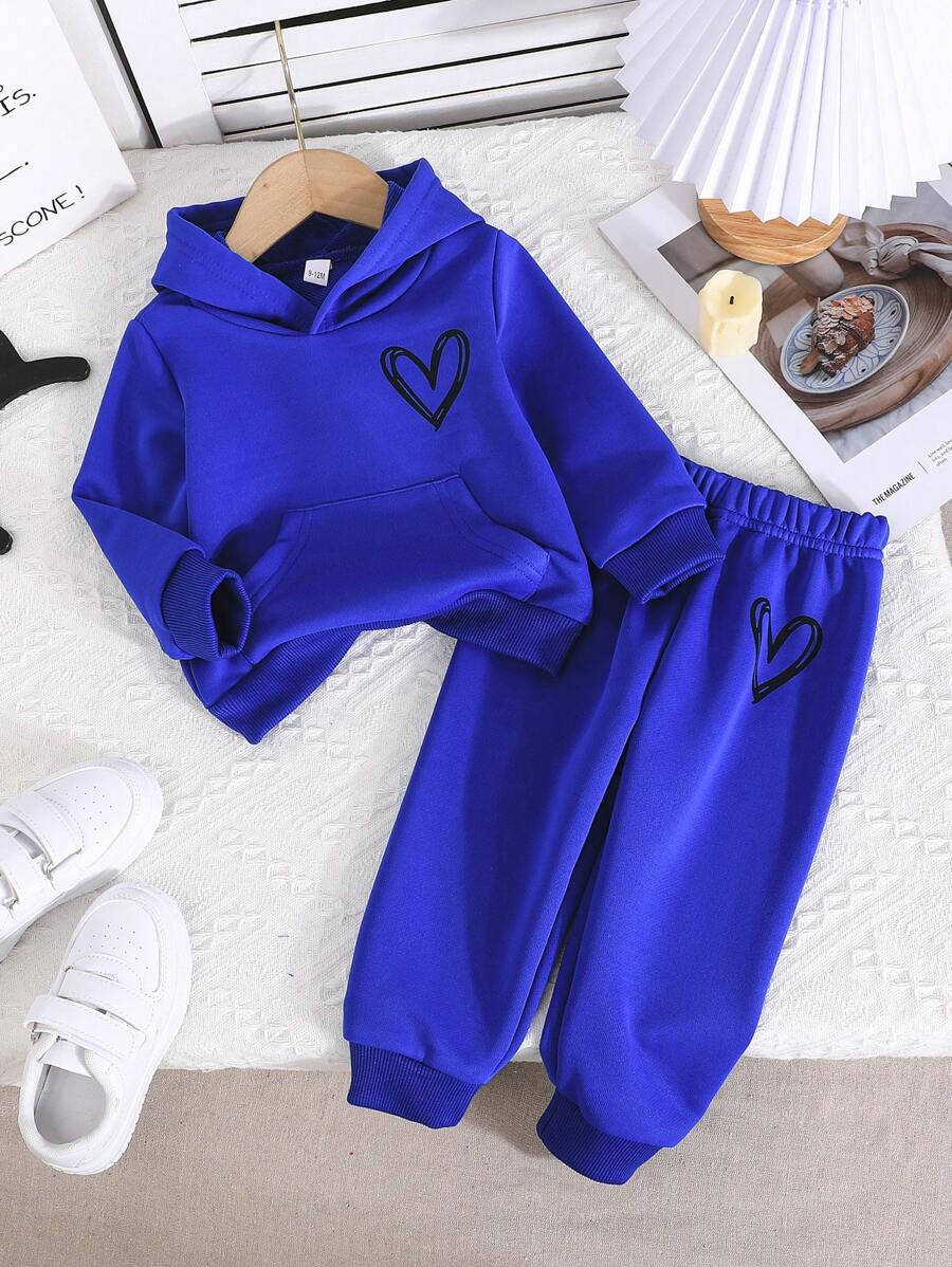女婴 2 件套心形图案羊毛保暖连帽衫和宽松休闲长裤户外套装