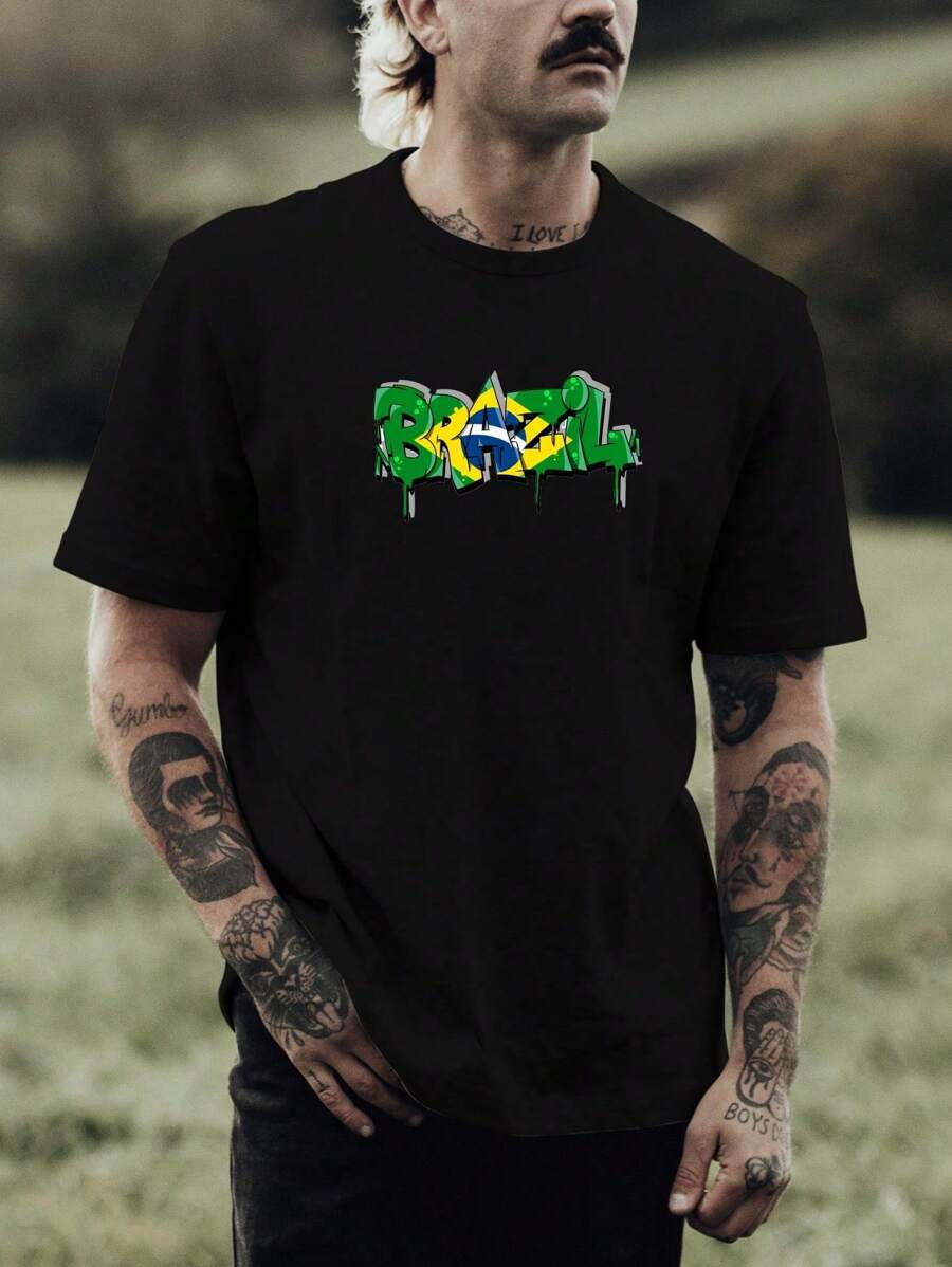 Men's T-Shirt Printed Brazilian Flag Game Colors - 黑色 - 查看 1