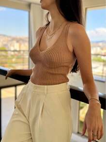V-NECK TANK TOP KNITTED MODAL SUMMER NEW COLLECTION - 米色 - 查看 2