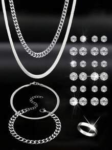 時尚簡約不鏽鋼項鍊手鍊閃耀方形氧化鋯耳環情侶戒指四合一多款珠寶套裝，男女適用於日常穿著和節日禮物，中性風格（無盒裝）1套 - 首飾套裝 - 查看 9