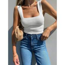 Womens Ribbed Tank Tops 2024 Summer Sleeveless Square Neck Shirts Casual Slim Fitted Knit Shirts - trắng - Xem 3