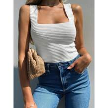 Womens Ribbed Tank Tops 2024 Summer Sleeveless Square Neck Shirts Casual Slim Fitted Knit Shirts - trắng - Xem 2
