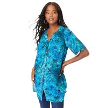 Roaman's Women's Plus Size Angelina Tunic Top – Short Sleeve, Flowy Fit, Everyday Comfort - 深綠松石色紮染花卉 - 查看 1