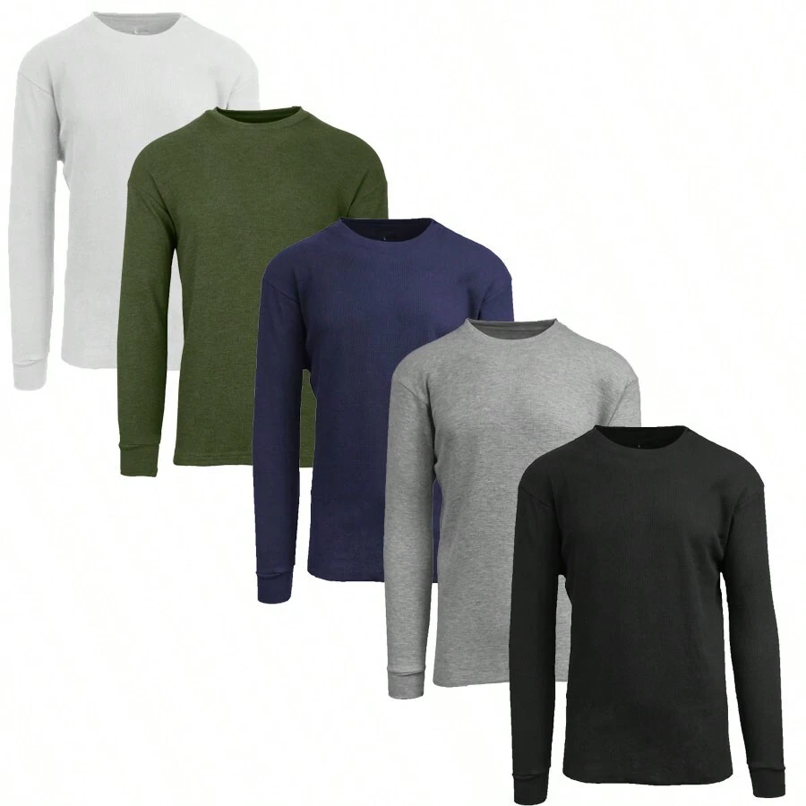 5-Pack Men's Classic Waffle-Knit Crew Neck Thermal Shirt - 黑色 - 希瑟灰 - 海軍藍 - 橄欖色 - 白色 - 查看 1