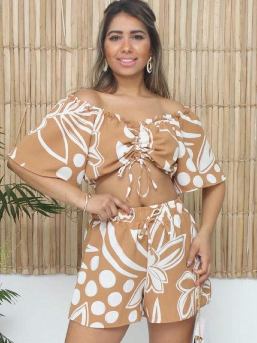 Two Piece Printed Set Short Shorts And Cropped  Summer Fashion - 米色 - 查看 1