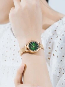 CITIZEN Montre à quartz pour femmes, montre analogique avec bracelet en acier inoxydable doré rose, montre habillée décontractée pour femmes, boîtier de 26 mm avec cadran vert EQ3003-50W