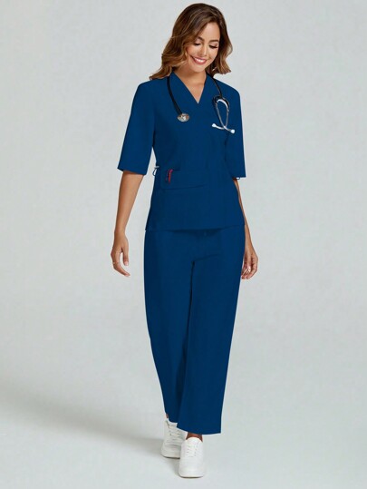 cimmuovere Short Sleeve Lab Coat/Nurse Uniform,  Scrub Sets With Waistband And Pockets For Clinic, Beauty Salon, Veterinary Hospital