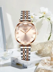 BIDEN 1Pc Elegant Ladies' Watch, Top Luxury Ladies' Watch, Stainless Steel Solid Strap, Waterproof Quartz Ladies' Watch, Fashionable Ladies' Clock Relogio Feminine+Box