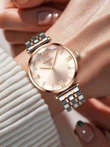 BIDEN 1Pc Elegant Ladies' Watch, Top Luxury Ladies' Watch, Stainless Steel Solid Strap, Waterproof Quartz Ladies' Watch, Fashionable Ladies' Clock Relogio Feminine+Box