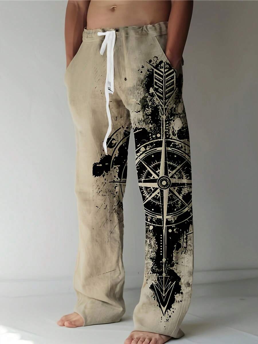 Stylish Retro Compass Print Long Drawstring Pants For Men - Comfortable, Breathable, And Practical With Multiple Pockets - Perfect For Spring, Fall, And Outdoor Activities - Street Style Fashion - Màu vàng - Xem 1