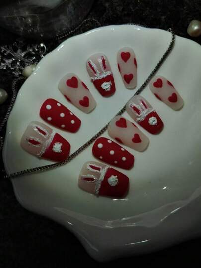 10Pcs Handmade Manicure Sheets, Coffin-Shaped Long Nails, Red Bunny Pattern Push-On Nail Stickers, Summer Beach Fashion Personalized, Full Coverage Manicure Set, Diy Patches Suitable For Different Finger Sizes, Including Adhesive Sheets And Nail Friction Strips Press On Nails Nail Supplies Nails