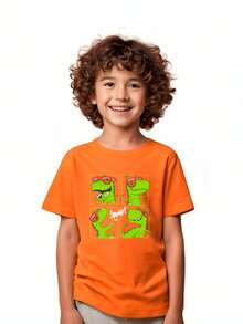 Children's And Youth T-Shirt With 4 Dinosaurs Print For All Ages, Short Sleeve Model - 橘色 - 查看 2