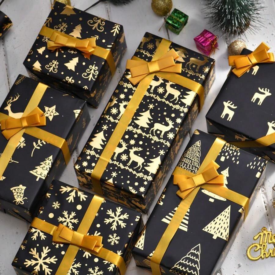 6pcs/12pcs Christmas Foil Gift Wrapping Paper, Retro Black & Gold Deer