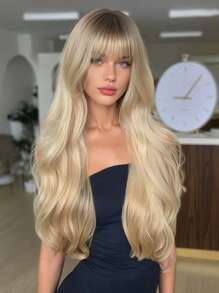 The New 26-Inch Fashion Brown Hair Roots Gradual Blonde Long Hair With Large Waves And Curly Bangs High Temperature Synthetic Woven Chemical Fiber Wig Suitable For Girls Holiday Family Party Role Play Daily Wear - Blonde Ombre - View 2