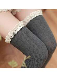 Women's Over The Knee Long Sock Thigh High Stockings With Cable Pattern & Opaque Lace - 灰色 - 查看 3