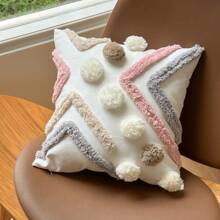 1pc Bohemian Plush Geometric Pom Pom Decorative Throw Pillow Case For Living Room, Bedroom, Party, Cute Embroidered