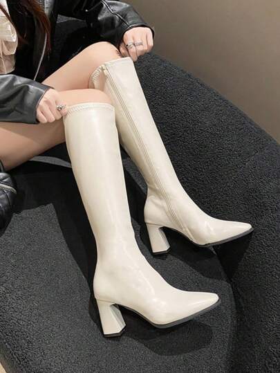 SHIHUA White Thigh High Boots Women 2024 French Style New Autumn Winter Knight High Boots Petite Pointed Toe Fleece Slim Long Boots 5CM French Niche Platform Cowboy Boots Women Beige Fashion High Heel Thick Bottom Fashionable Versatile Party European And American Red High Boots Side Zipper Knee High Boots