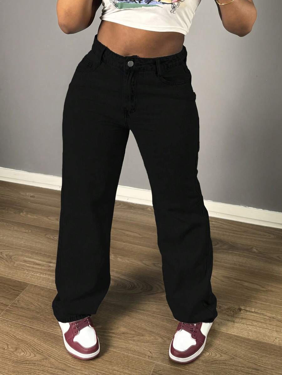 Women's Pocket Straight Loose Casual Versatile Jeans - Black - View 1