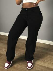 Women's Pocket Straight Loose Casual Versatile Jeans - Black - View 3
