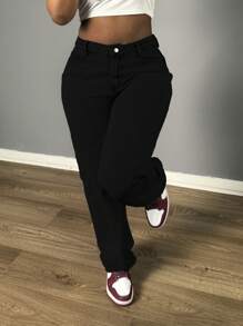 Women's Pocket Straight Loose Casual Versatile Jeans - Black - View 5